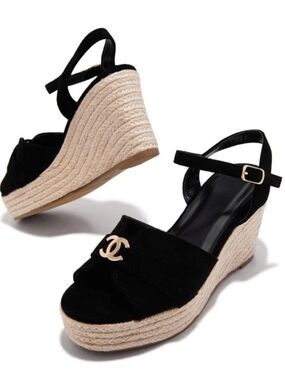 Black Suede Espadrille Wedge Sandals with Gold Logo Accent